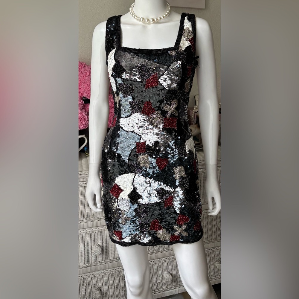 Vintage Oleg Cassini Sequin Silk Mini Dress BodyCon Low Cut Black & White Size 4
